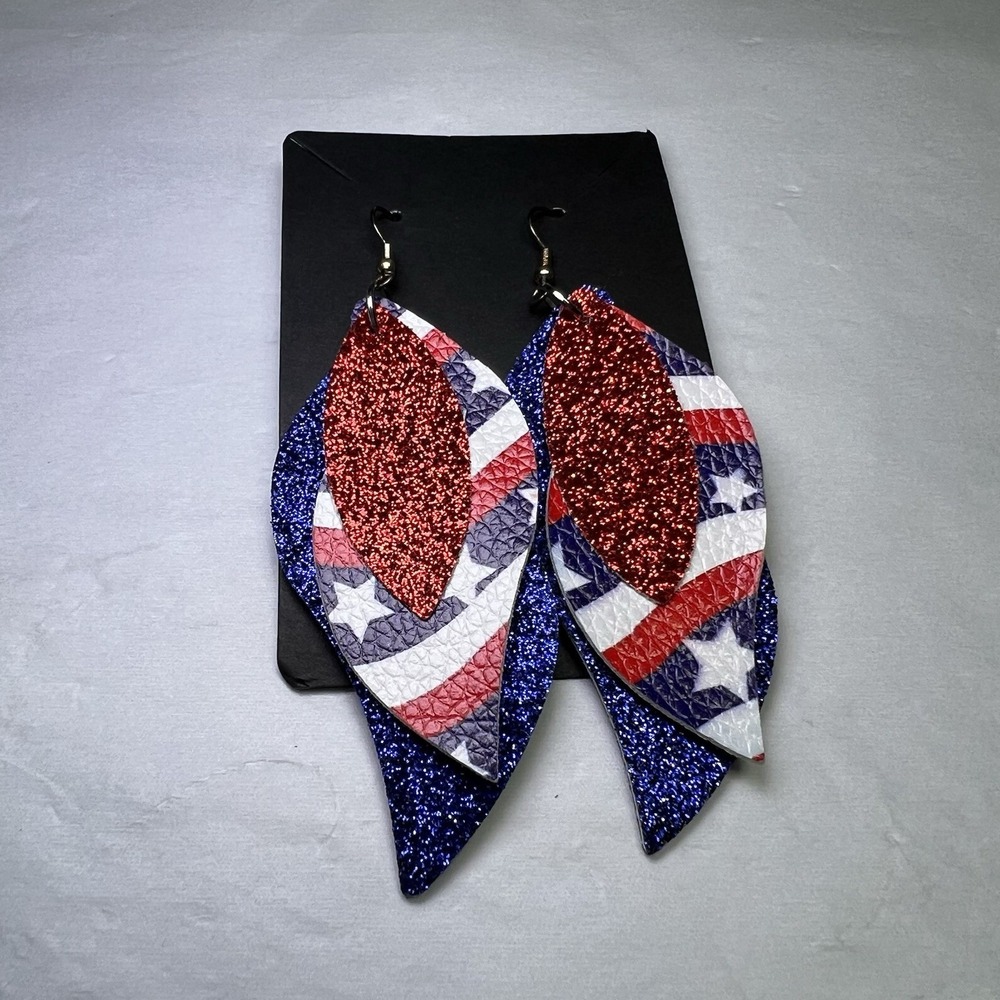Faux Leather Dangle Layered Earrings Patriotic 4th July Red White Blue glitter